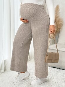 Plussiva Plus Size Maternity Solid Rib-Knit Adjustable Waist Wide Leg Pants Fall - Apricot - View 6