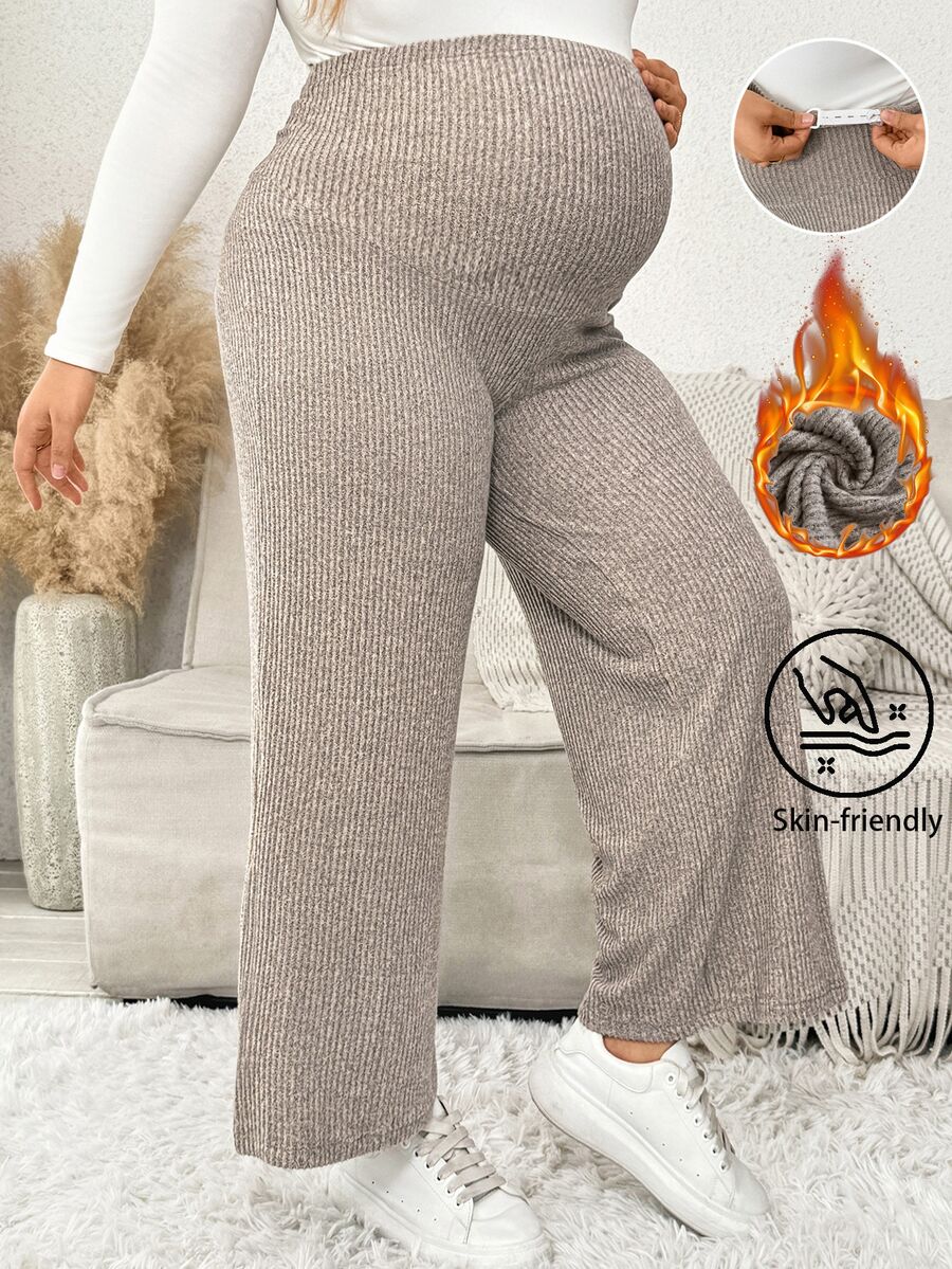 Plussiva Plus Size Maternity Solid Rib-Knit Adjustable Waist Wide Leg Pants Fall - Apricot - View 1
