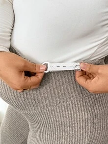 Plussiva Plus Size Maternity Solid Rib-Knit Adjustable Waist Wide Leg Pants Fall - Apricot - View 7