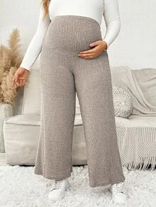 Plussiva Plus Size Maternity Solid Rib-Knit Adjustable Waist Wide Leg Pants Fall - Apricot - View 2