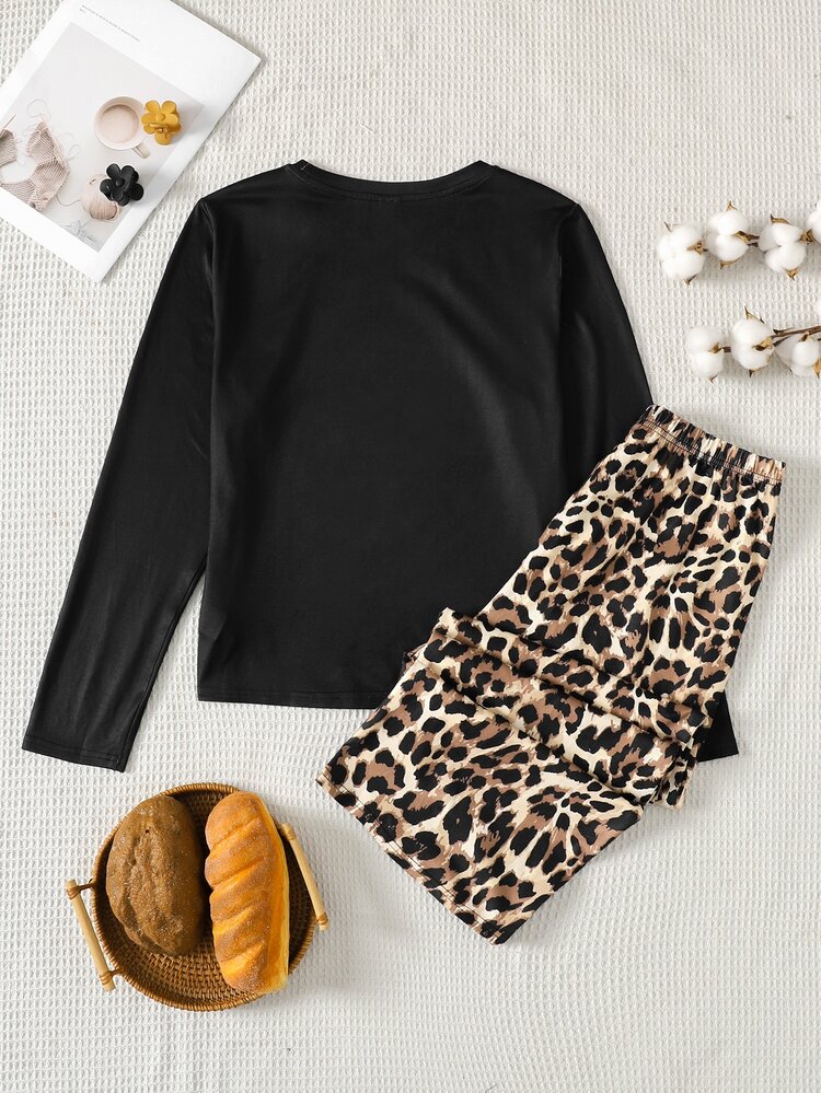 SHEIN Teen Girl Teen Girls Pajamas Autumn/Winter Casual Minimalist Bow Long Sleeve T-Shirt With Leopard Print Loose Pants Set, T-Shirt Set Loungewear Suitable For Autumn/Winter - Black - View 4
