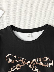 SHEIN 青少年女孩秋冬休閒極簡風蝴蝶結長袖T恤與豹紋寬鬆長褲睡衣套裝 - 黑色 - 查看 5