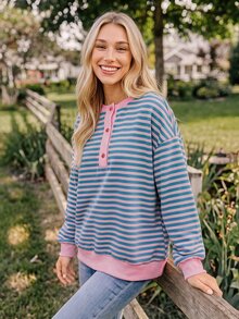 Coeurva Women's Pink And Blue Stripes Half-Button Placket  Long Sleeve  Sweatshirts,  Loose Fit, Casual,  Style, Women's Winter Clothes,Versatile Daily - Multicolor - View 8