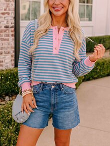 Coeurva Women's Pink And Blue Stripes Half-Button Placket  Long Sleeve  Sweatshirts,  Loose Fit, Casual,  Style, Women's Winter Clothes,Versatile Daily - Multicolor - View 3