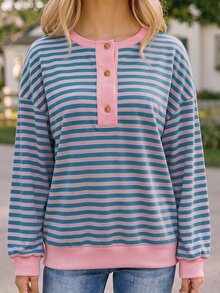 Coeurva Women's Pink And Blue Stripes Half-Button Placket  Long Sleeve  Sweatshirts,  Loose Fit, Casual,  Style, Women's Winter Clothes,Versatile Daily - Multicolor - View 5