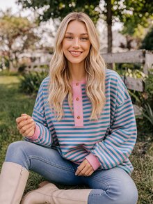 Coeurva Women's Pink And Blue Stripes Half-Button Placket  Long Sleeve  Sweatshirts,  Loose Fit, Casual,  Style, Women's Winter Clothes,Versatile Daily - Multicolor - View 6