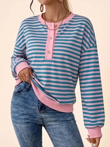 Coeurva Women's Pink And Blue Stripes Half-Button Placket  Long Sleeve  Sweatshirts,  Loose Fit, Casual,  Style, Women's Winter Clothes,Versatile Daily - Multicolor - View 2