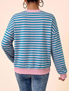 Coeurva Women's Pink And Blue Stripes Half-Button Placket  Long Sleeve  Sweatshirts,  Loose Fit, Casual,  Style, Women's Winter Clothes,Versatile Daily - Multicolor - View 10