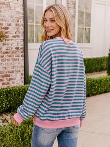 Coeurva Women's Pink And Blue Stripes Half-Button Placket  Long Sleeve  Sweatshirts,  Loose Fit, Casual,  Style, Women's Winter Clothes,Versatile Daily - Multicolor - View 4