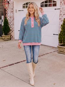 Coeurva Women's Pink And Blue Stripes Half-Button Placket  Long Sleeve  Sweatshirts,  Loose Fit, Casual,  Style, Women's Winter Clothes,Versatile Daily - Multicolor - View 9