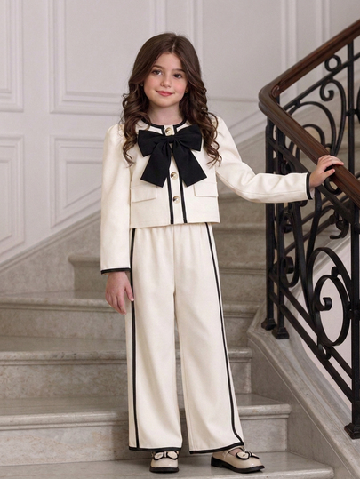 SHEIN Elladie kids Girls' Spring/Autumn Back To School Academy Style Big Bow Decor Blazer Wide Leg Pants Set, Fashion Casual Suit Outfit, 7th Birthday Wedding