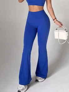 SHEIN Sports 1件女款藍色喇叭褲，交叉背部設計 - 藍色 - 查看 4