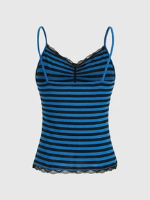 ROMWE Top sin mangas de verano con tirantes finos, parches de encaje y fruncidos, a rayas - Azul - Ver 2