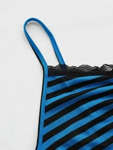 ROMWE Top sin mangas de verano con tirantes finos, parches de encaje y fruncidos, a rayas - Azul - Ver 4