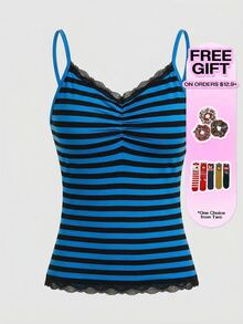 ROMWE Top sin mangas de verano con tirantes finos, parches de encaje y fruncidos, a rayas - Azul - Ver 5