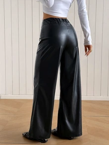 SHEIN EZwear 女款寬腿寬鬆休閒黑色PU皮革長褲 - 黑色 - 查看 2
