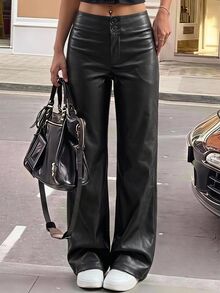 SHEIN EZwear 女款寬腿寬鬆休閒黑色PU皮革長褲 - 黑色 - 查看 1