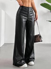 SHEIN EZwear 女款寬腿寬鬆休閒黑色PU皮革長褲 - 黑色 - 查看 8