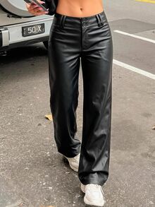 SHEIN EZwear 女款寬腿寬鬆休閒黑色PU皮革長褲 - 黑色 - 查看 9