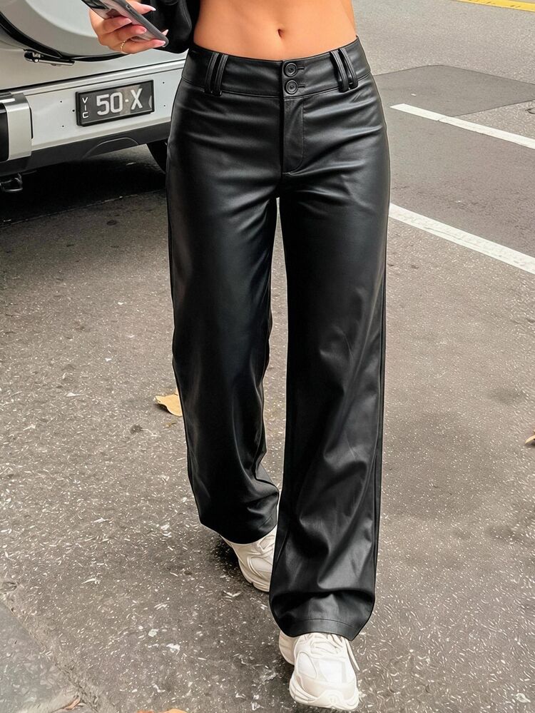 SHEIN EZwear Women's Wide Leg Loose Casual Black PU Leather Long Pants - Black - View 9
