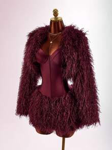 Amplova Women's Plush Patchwork Fashion Daily Casual Romper - Rose Red - View 8