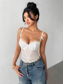 Aloruh Body sexy con encaje y empalme de malla - Blanco - Ver 5