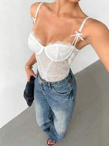 Aloruh Body sexy con encaje y empalme de malla - Blanco - Ver 6