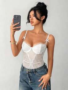 Aloruh Body sexy con encaje y empalme de malla - Blanco - Ver 7