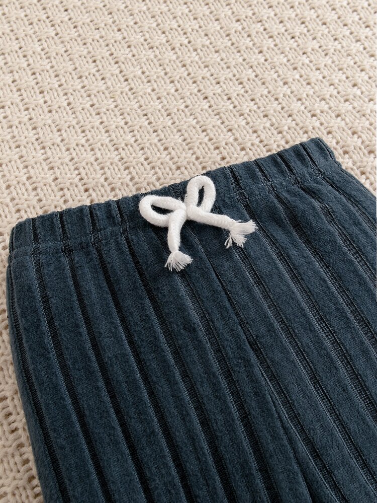 SHEIN Playful Pals 2pcs Toddler Baby Boy Fall Winter Navy Blue Color Block Long Sleeve Pocket Striped Pullover Drawstring Jogger Pants Back To School Halloween Cute - Multicolor - View 8