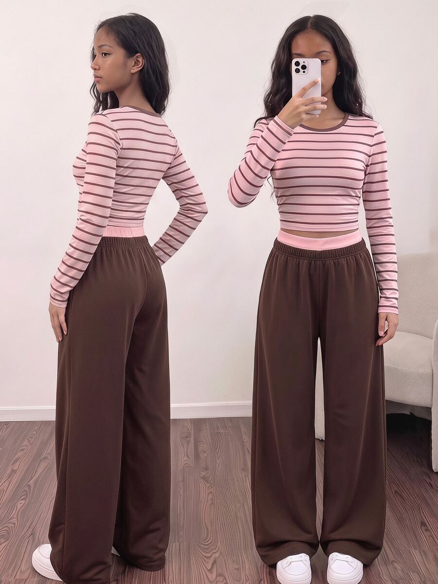SHEIN 2件組青少年女孩套裝,甜美休閒Y2K街頭風,修身短版長袖T恤(粉色條紋)搭配棕色直筒運動長褲,秋季款 - 粉色 - 查看 1