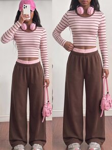 SHEIN 2件組青少年女孩套裝，甜美休閒Y2K街頭風，修身短版長袖T恤（粉色條紋）搭配棕色直筒運動長褲，秋季款 - 粉色 - 查看 2