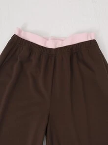 SHEIN 2件組青少年女孩套裝，甜美休閒Y2K街頭風，修身短版長袖T恤（粉色條紋）搭配棕色直筒運動長褲，秋季款 - 粉色 - 查看 10