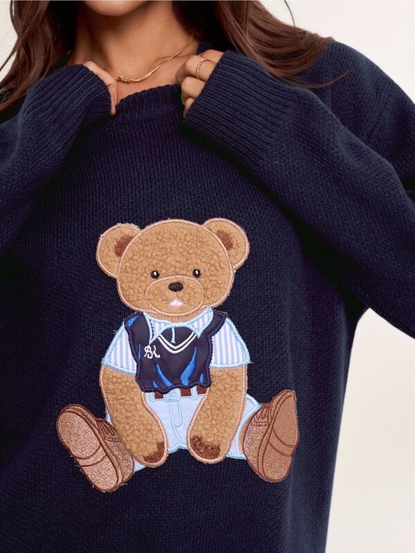 Briarwyn Autumn/Winter Women's Bear Embroidery Casual Versatile Daily Long Sleeve Sweater Teachers' Day School Navy Blue ,Old Money Style,Casual Sweater