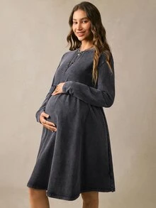 Boho Mama 孕婦純色休閒日常穿著連身裙 拍照用 秋冬款 - 黑色 - 查看 4
