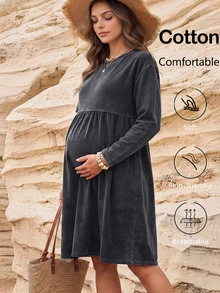 Boho Mama 孕婦純色休閒日常穿著連身裙 拍照用 秋冬款 - 黑色 - 查看 1