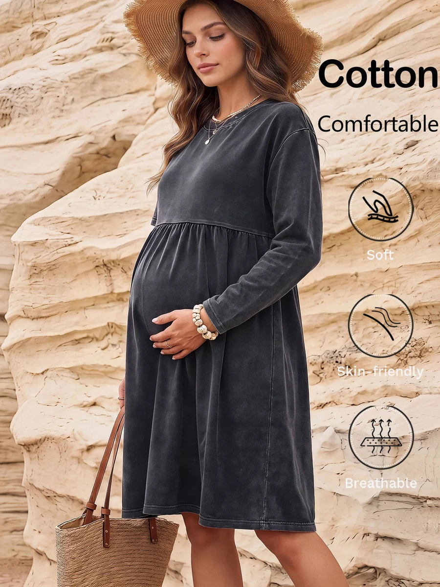 Boho Mama 孕婦純色休閒日常穿著連身裙 拍照用 秋冬款 - 黑色 - 查看 1