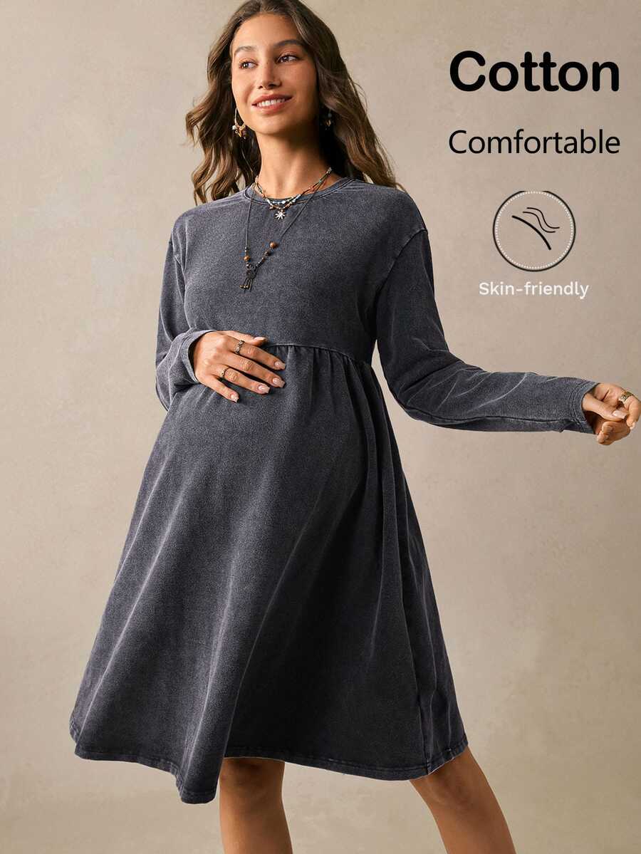 Boho Mama Maternity Solid Color Casual Maternity Daily Wear Dress Photoshoot Autumn Fall - Black - View 1