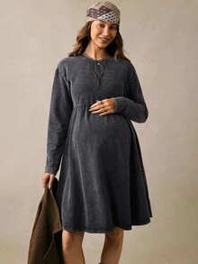 Boho Mama 孕婦純色休閒日常穿著連身裙 拍照用 秋冬款 - 黑色 - 查看 7