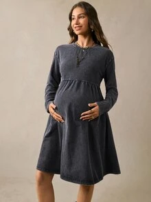 Boho Mama 孕婦純色休閒日常穿著連身裙 拍照用 秋冬款 - 黑色 - 查看 5