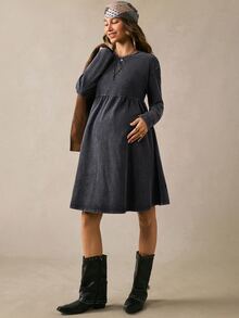 Boho Mama 孕婦純色休閒日常穿著連身裙 拍照用 秋冬款 - 黑色 - 查看 6