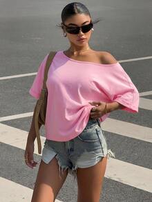 Muchica Plus Size Women's Solid Color Asymmetrical Shoulder Casual Versatile Daily Wear T-Shirt - Pink - View 3