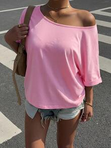 Muchica Plus Size Women's Solid Color Asymmetrical Shoulder Casual Versatile Daily Wear T-Shirt - Pink - View 5