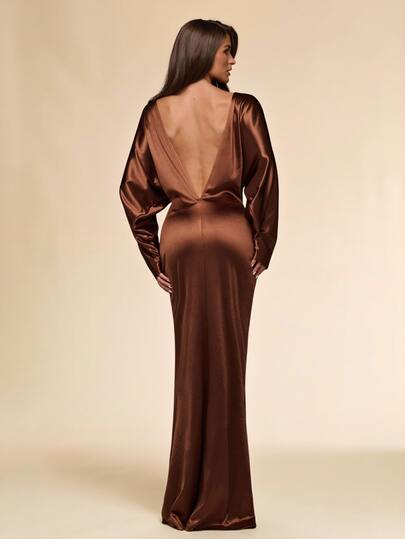 SHEIN BAE Spring/Autumn Brown Satin Round Neck Batwing Sleeve Backless Cinched Waist Mermaid Long Dress / Elegant & Sexy Suitable For Wedding, Evening Party, Formal Occasion, Date