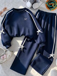 SHEIN 2Pcs/Set Tween Girls Casual Long Sleeve Sweatshirt & Side Ribbon Bow Ribbed Knit Pants Set, Fleece-Lined, Keep Warm - Navy Blue - View 1