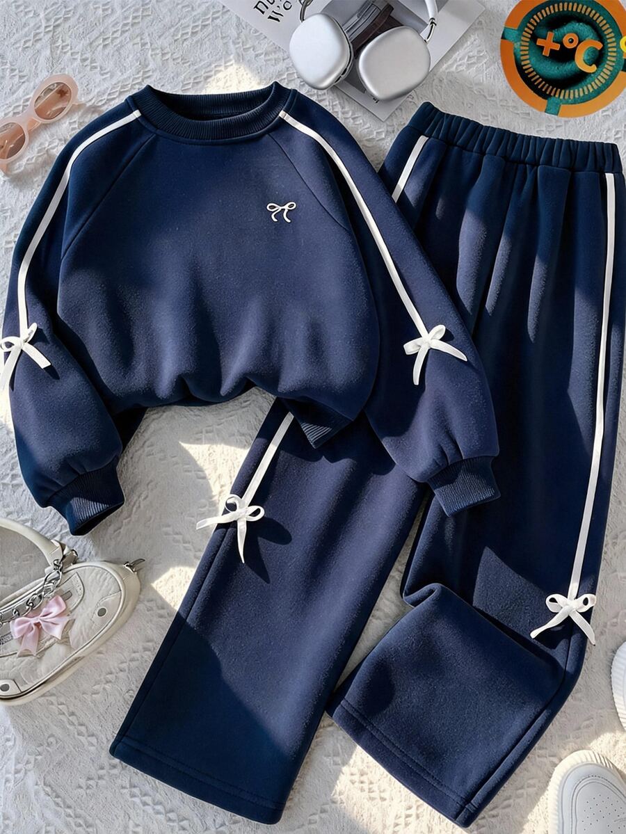 SHEIN 2Pcs/Set Tween Girls Casual Long Sleeve Sweatshirt & Side Ribbon Bow Ribbed Knit Pants Set, Fleece-Lined, Keep Warm - Navy Blue - View 1