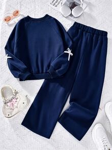 SHEIN 2Pcs/Set Tween Girls Casual Long Sleeve Sweatshirt & Side Ribbon Bow Ribbed Knit Pants Set, Fleece-Lined, Keep Warm - Navy Blue - View 5