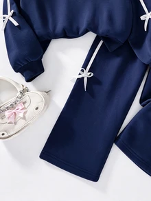 SHEIN 2Pcs/Set Tween Girls Casual Long Sleeve Sweatshirt & Side Ribbon Bow Ribbed Knit Pants Set, Fleece-Lined, Keep Warm - Navy Blue - View 3