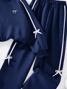 SHEIN 2Pcs/Set Tween Girls Casual Long Sleeve Sweatshirt & Side Ribbon Bow Ribbed Knit Pants Set, Fleece-Lined, Keep Warm - Navy Blue - View 4