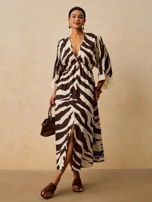 Travachic Damen Große Größen-Urlaubskleid mit Allover-Muster, tiefem V-Ausschnitt und Oberschenk-Schlitz, für Abschlussfeier, Herbst, lässig und elegant, tropisches Hawaii-Outfit, Weiß - Grün - Übersicht 5