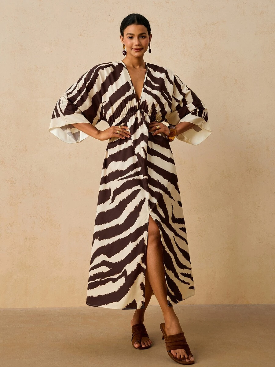 Travachic Damen Große Größen-Urlaubskleid mit Allover-Muster, tiefem V-Ausschnitt und Oberschenk-Schlitz, für Abschlussfeier, Herbst, lässig und elegant, tropisches Hawaii-Outfit, Weiß